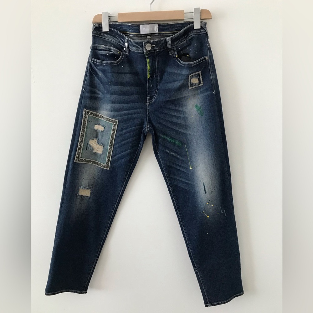 Maggie style boyfriend.The combination of added fabric,hand-painted details